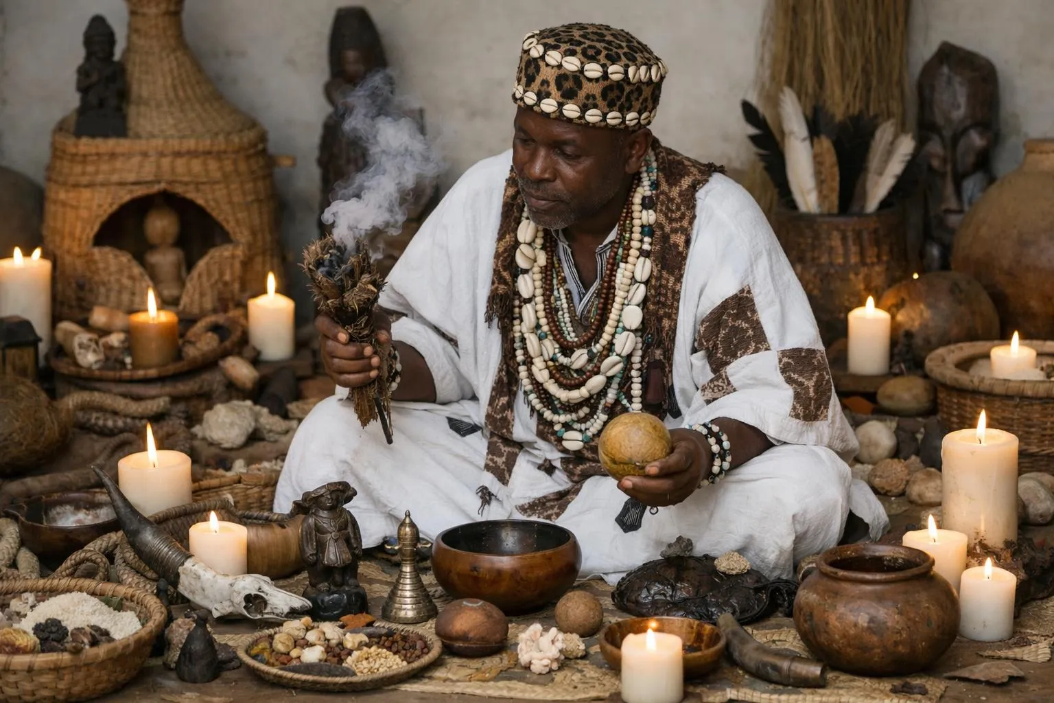 Homme africain en costume traditionnel, entouré d'objets rituels et de bougies allumées.