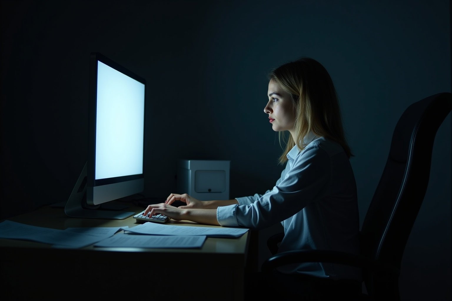 Femme travaillant tard dans la nuit sur un ordinateur.