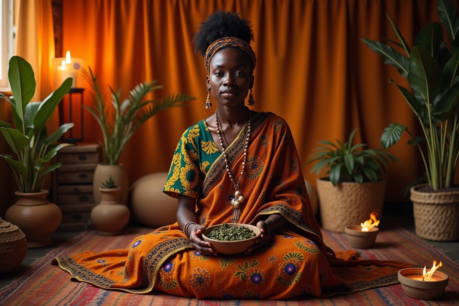 Femme africaine en costume traditionnel, tenant un bol de graines.