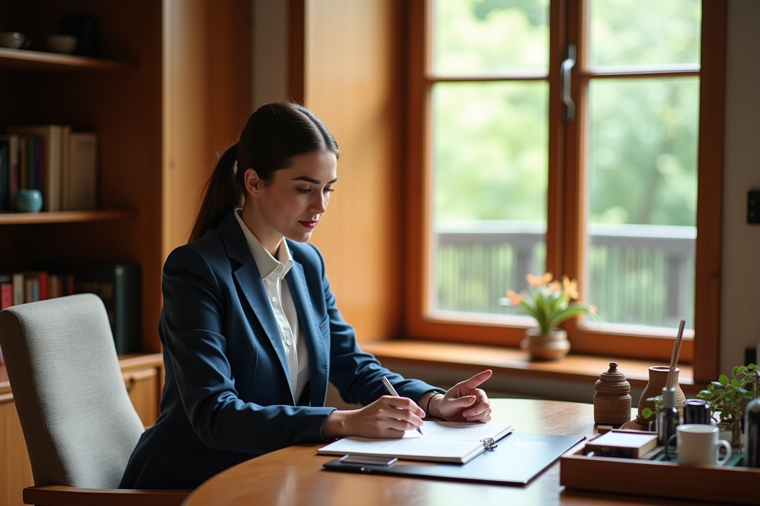Femme en costume bleu travaillant dans un bureau avec vue sur la nature.