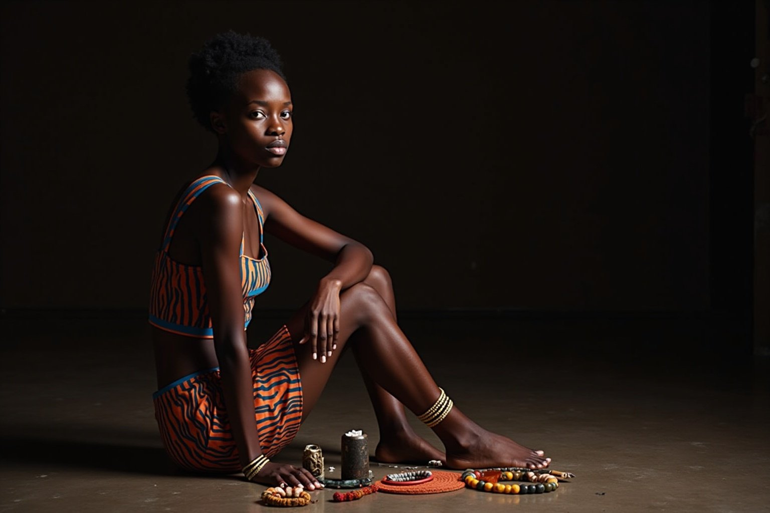 Femme africaine assise, vêtue de motifs colorés, portant des bijoux ethniques.
