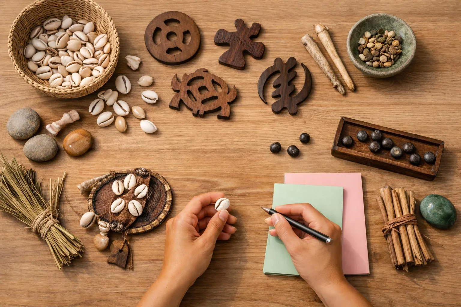 Assortiment d'objets naturels et artisanaux sur une table en bois.