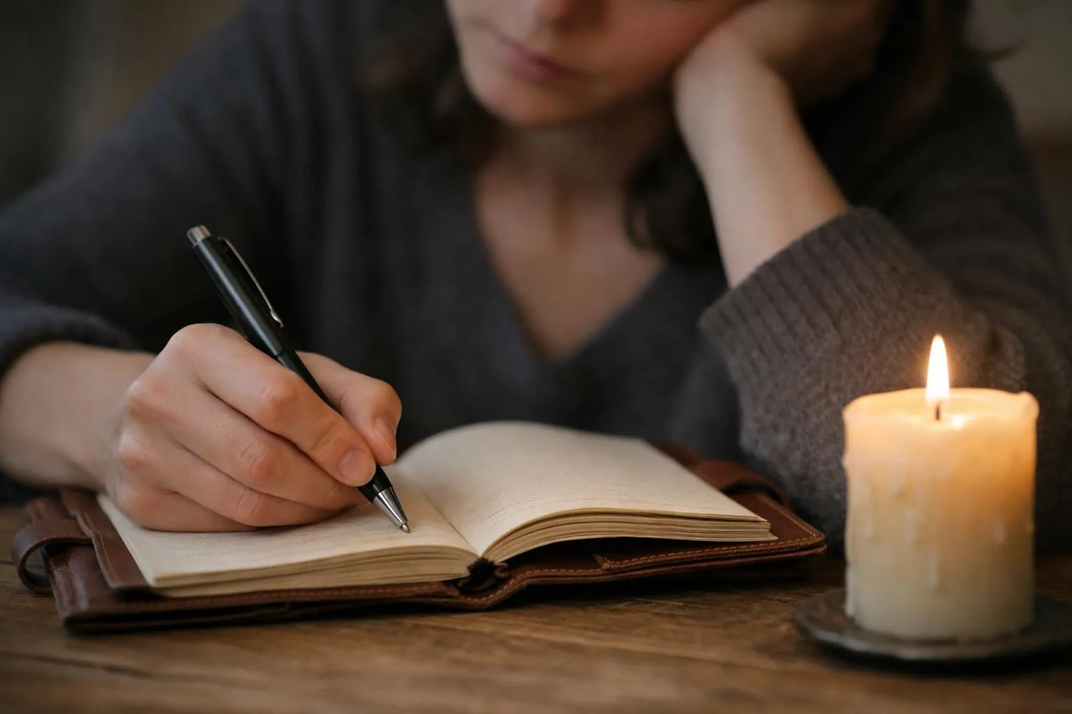 Personne écrivant dans un livre, bougie allumée sur une table en bois.