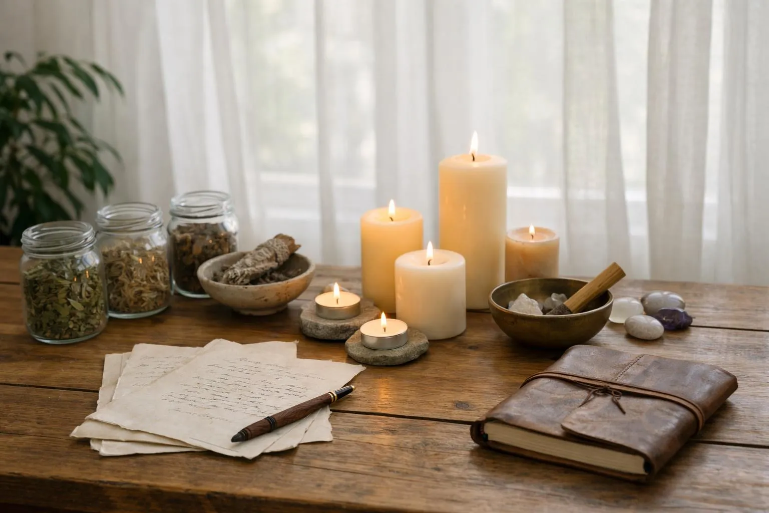 Bougies allumées, plantes, pierres, cahier et stylo sur une table en bois.