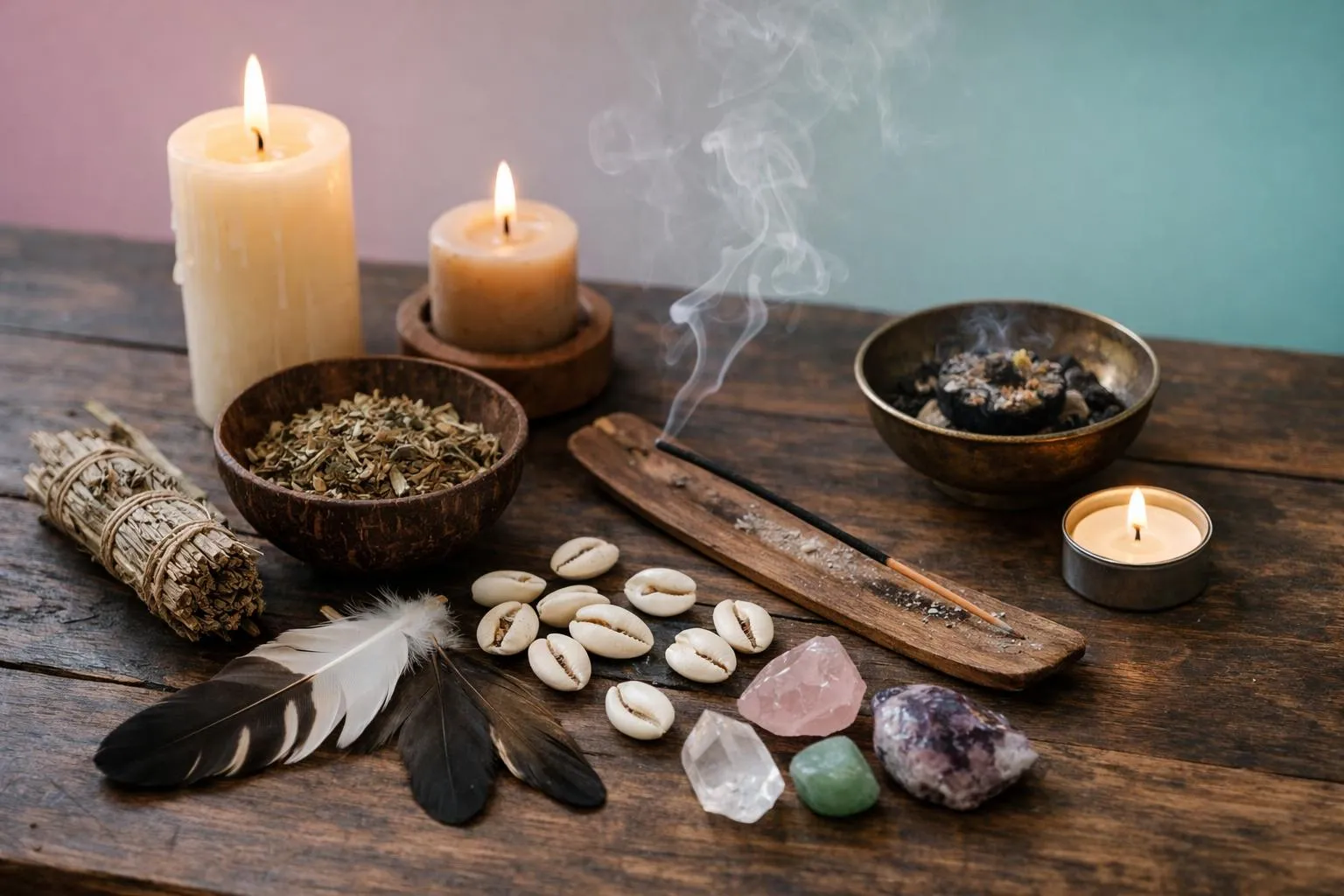 Bougies, herbes, pierres, plumes, encens, objets spirituels sur table en bois.