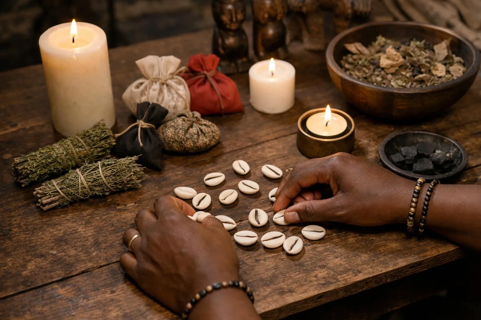 Objets de divination et de rituels sur une table en bois.
