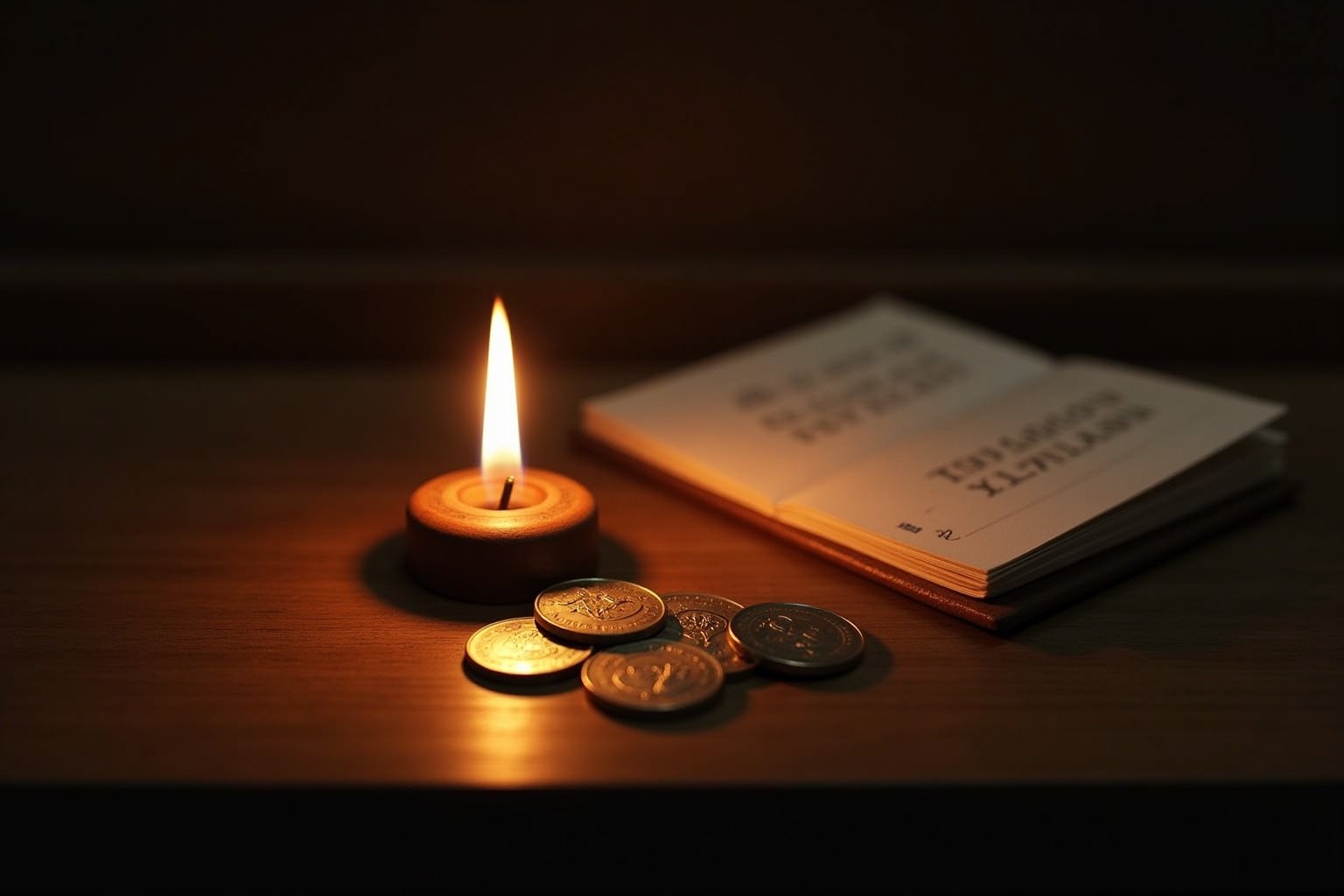 Livre, pièces de monnaie et bougie allumée sur une surface en bois.