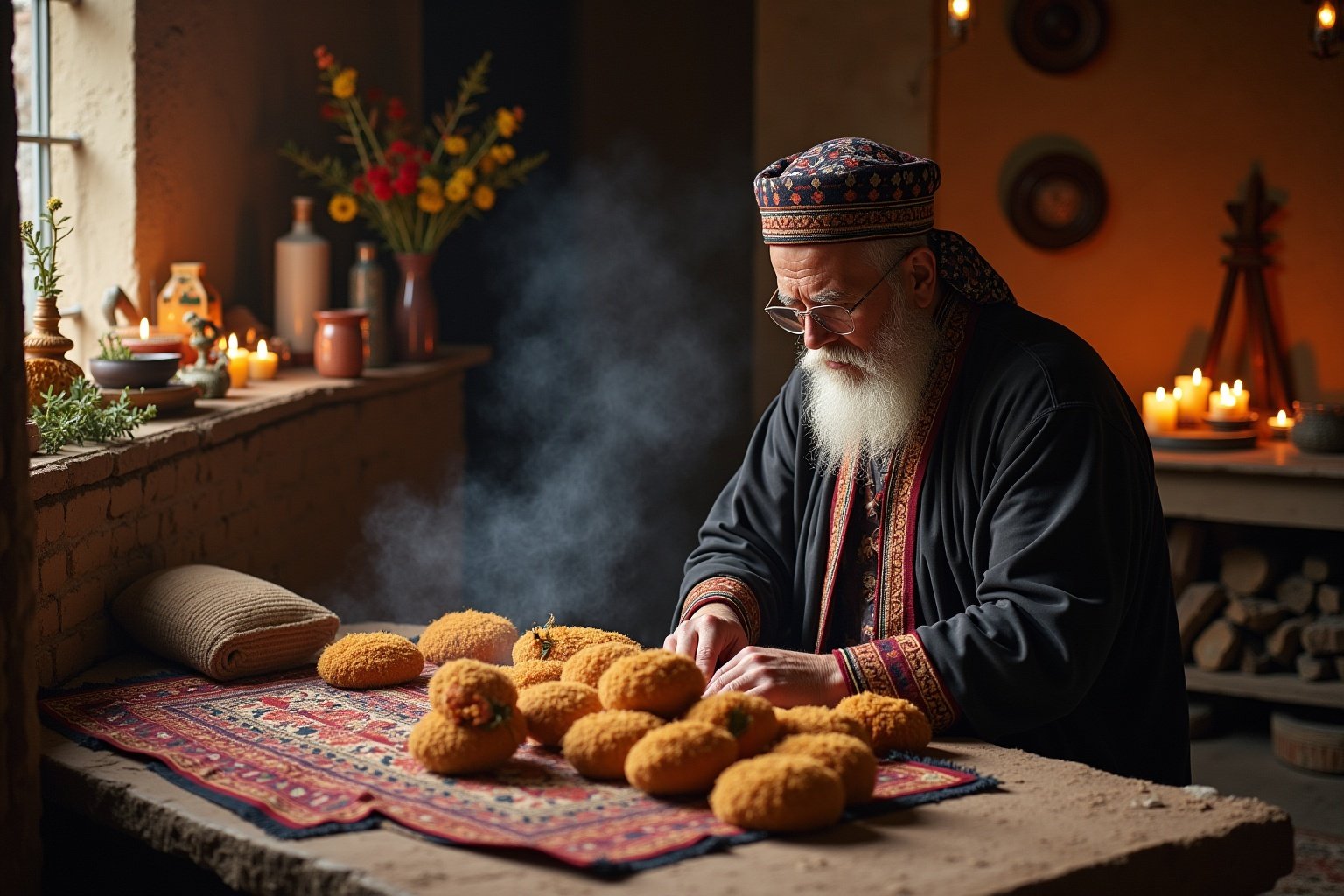 Homme âgé en tenue traditionnelle préparant des pâtisseries dans un intérieur chaleureux.