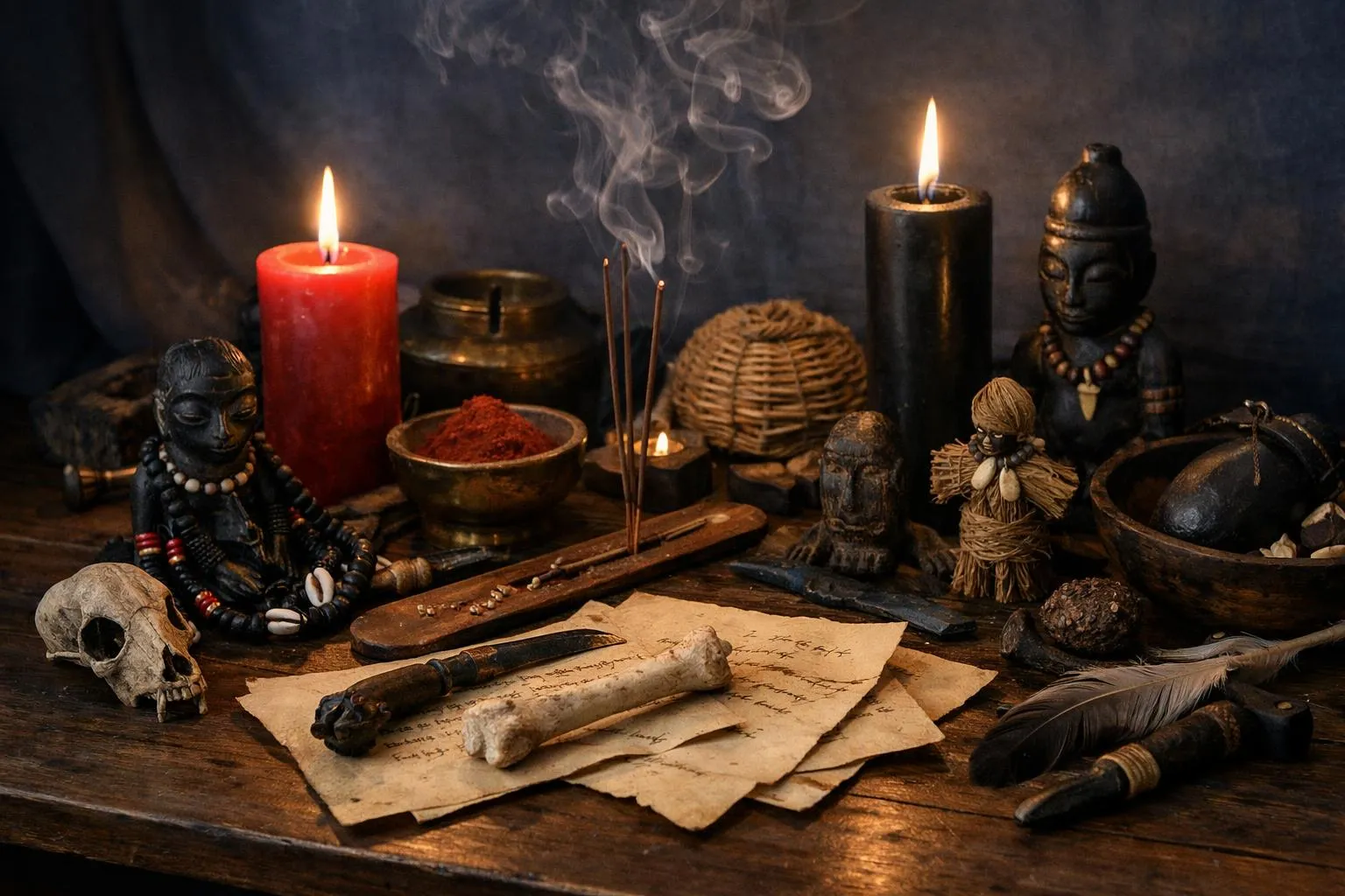 Objets rituels, bougies, encens, crâne, manuscrits anciens, figurines.