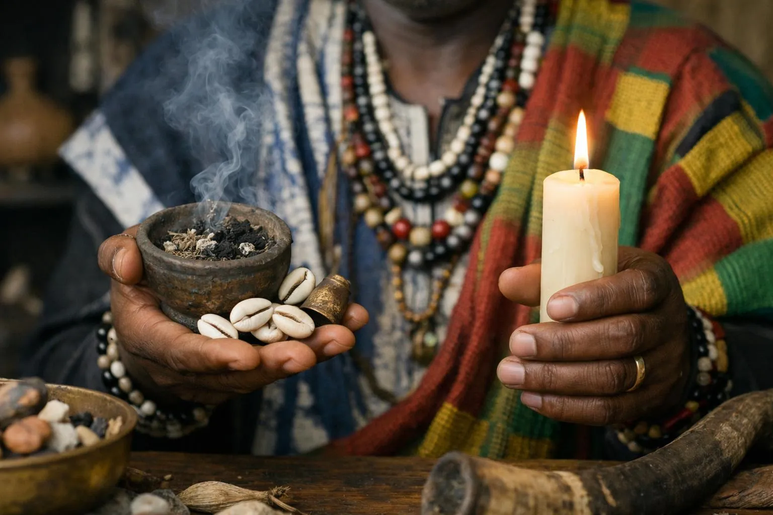 Rituel spirituel avec encens, bougies et perles colorées.