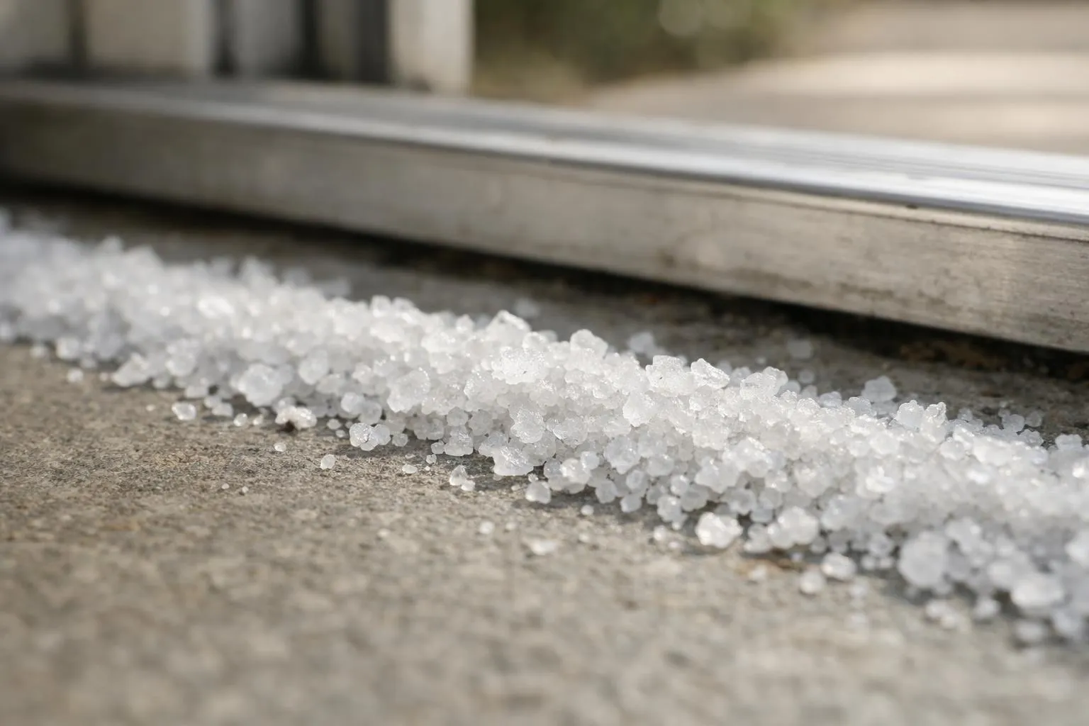 Cristaux de sel blancs éparpillés sur un sol gris.