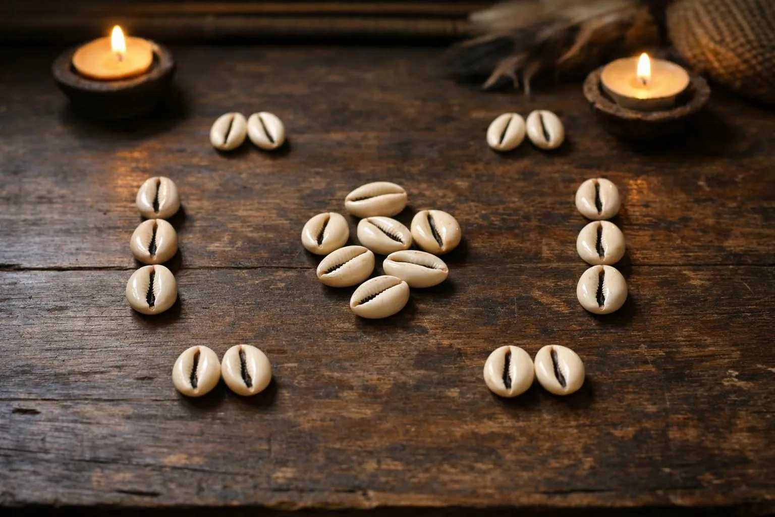 Grains de café, bougies allumées, arrangement décoratif sur bois.