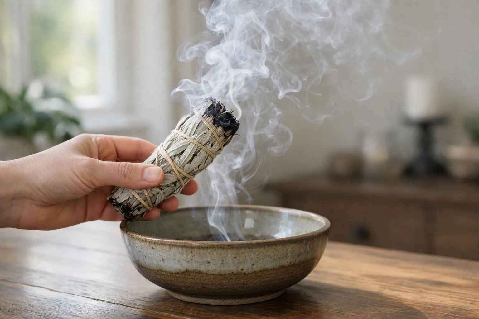 Bâton d'encens fumant dans un bol en céramique sur une table en bois.