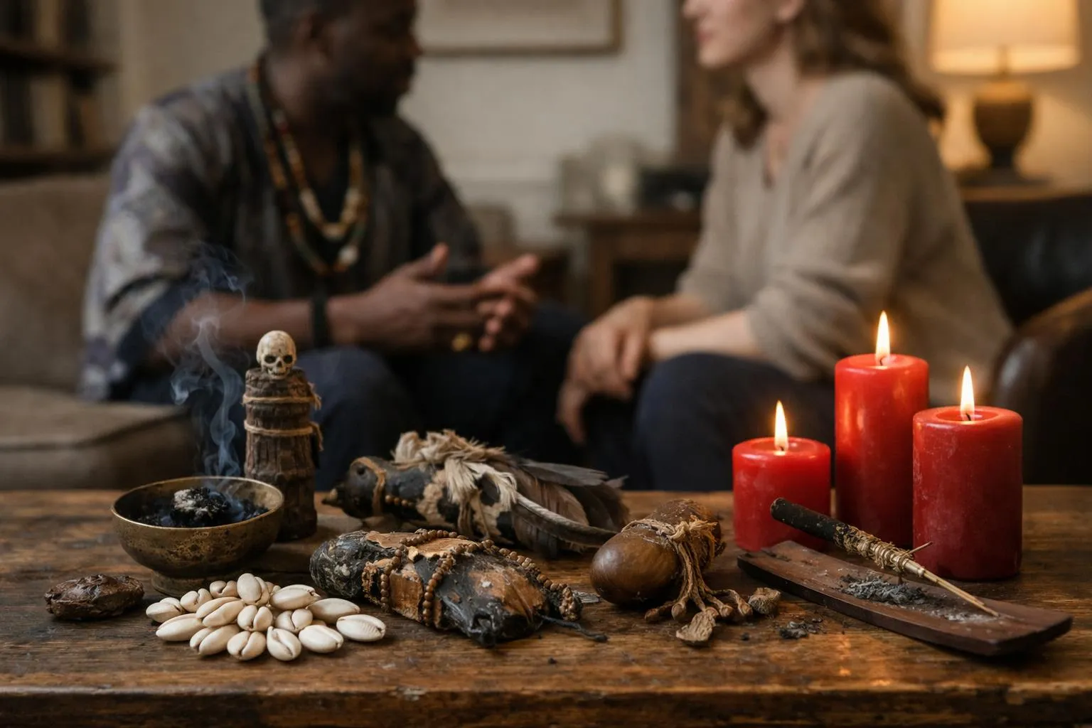 Rituel mystique avec objets symboliques, bougies rouges et personnes en discussion.