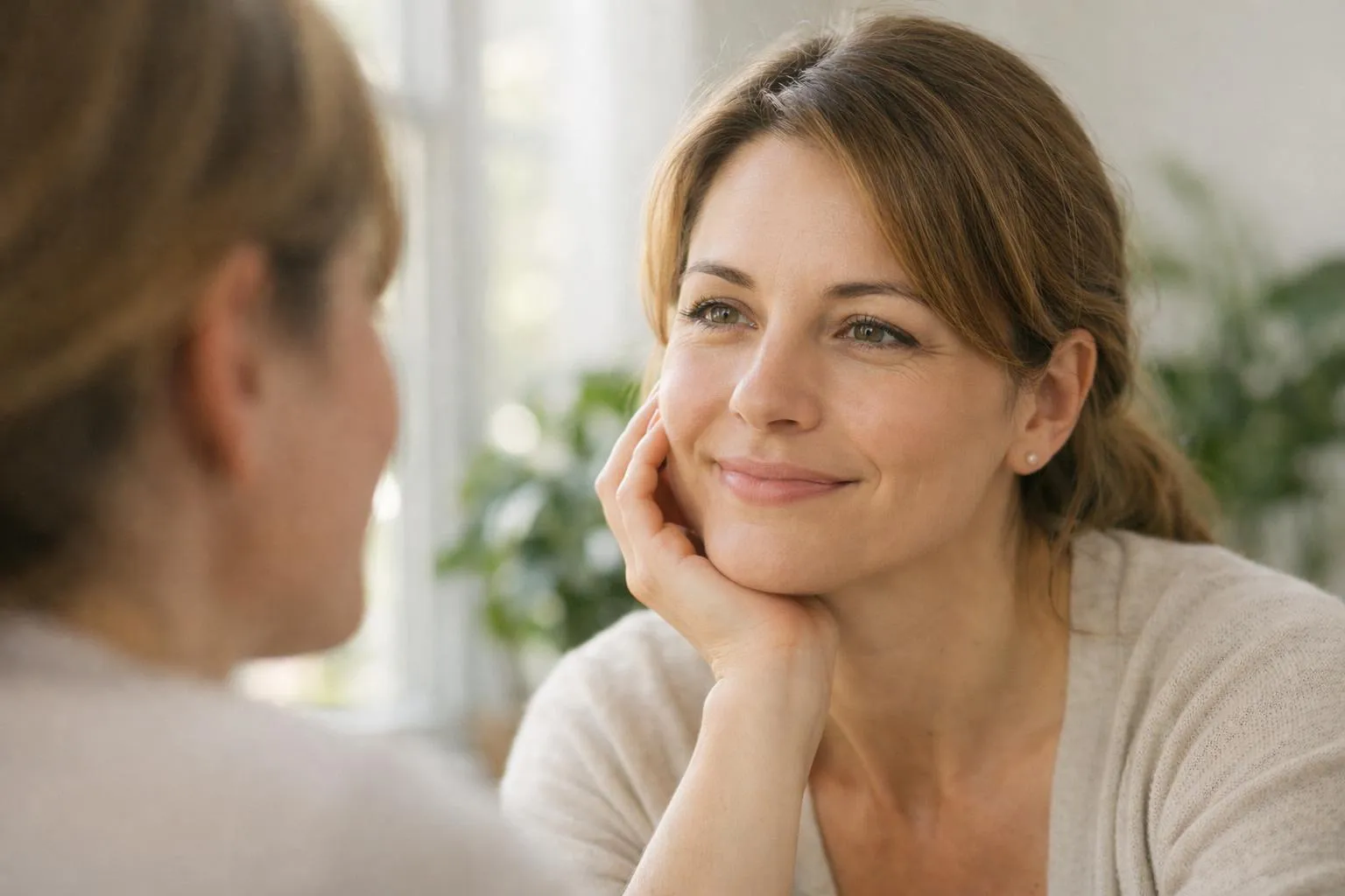 Femme aux cheveux bruns souriante, regardant avec attention.