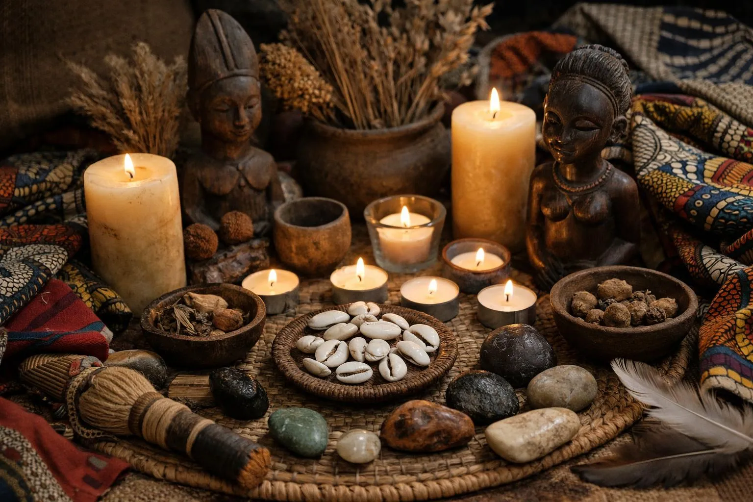 Autel spirituel avec bougies, statues, pierres et épices.