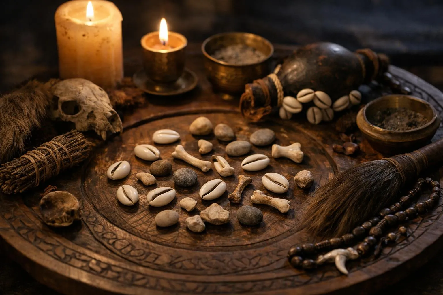Assortiment d'objets mystiques, bougies, pierres et ossements sur plateau en bois sculpté.