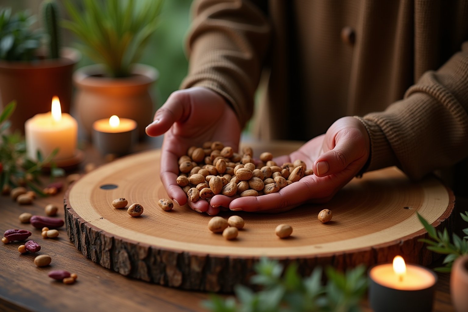 Mains tenant des noix sur un plateau en bois avec des bougies allumées.