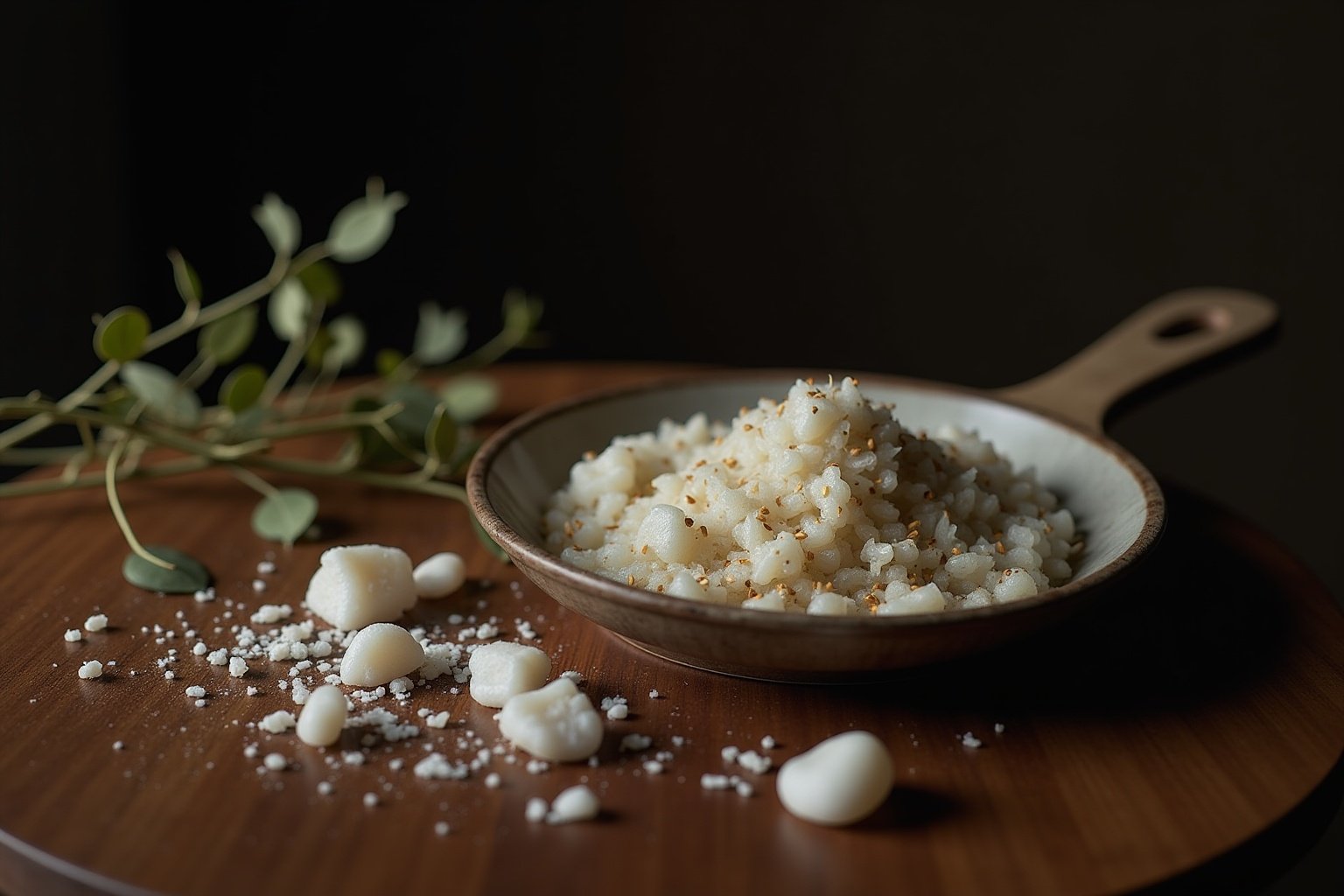 Bol de riz cuit avec fleurs et cristaux de sel sur une planche de bois.