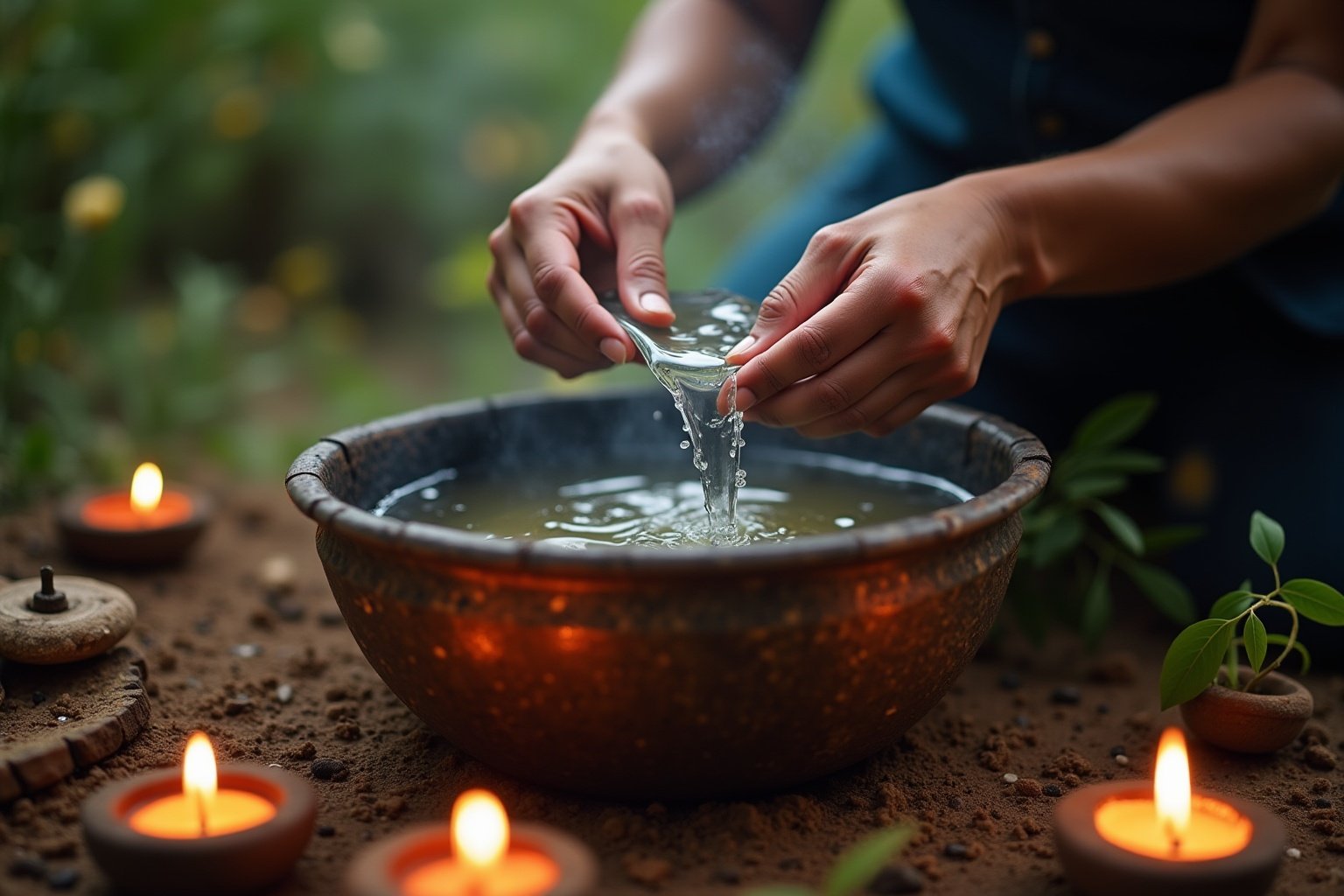 Mains versant de l'eau dans un bol en céramique sur un sol terreux avec des bougies allumées.