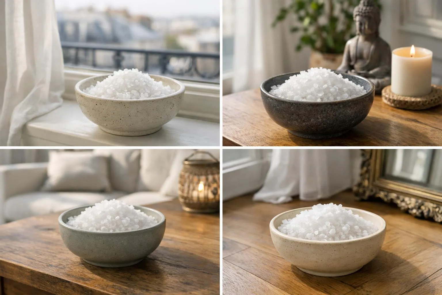 Bols en céramique remplis de gros cristaux de sel de mer sur une table en bois.