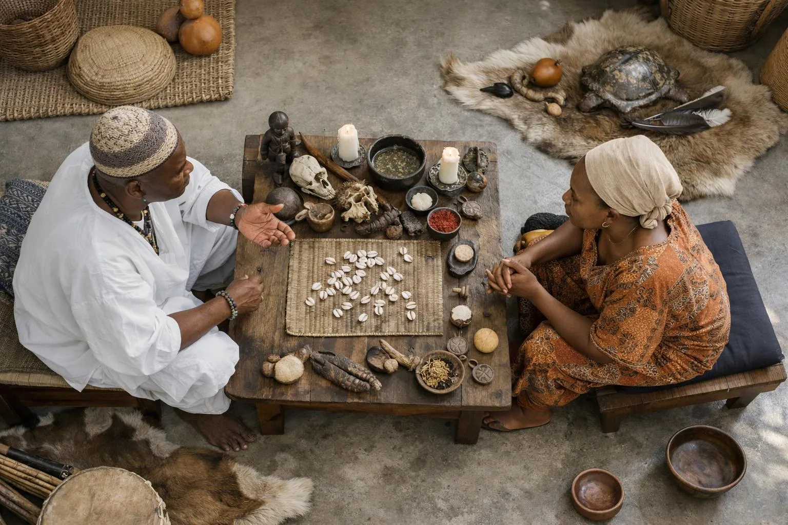 Deux personnes en costume traditionnel discutent autour d'une table remplie d'objets ethniques.